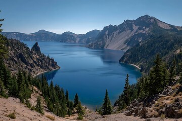 Obraz premium Hills reflected in calm, blue Crater lake