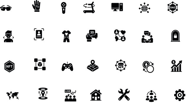 Metaverse and Web3 Icon Set with NFT, DAO, VR, Gaming, Blockchain, and Virtual World Symbols for Digital Designs