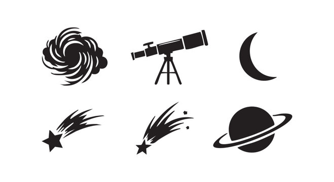 Space exploration icons silhouette showing nebula telescope crescent moon shooting stars and planet with ring symbols.