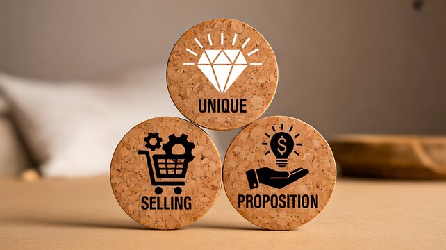 Unique selling proposition concept with wooden business badges
