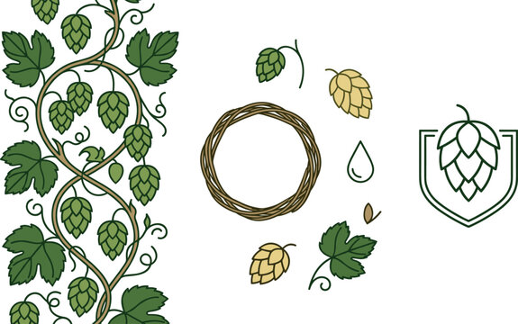 Hop Vine Vector Illustration Set Featuring Seamless Vertical Border Climbing Hops Wicker Wreath Water Drop and Minimalist Shield Logo Badges for Brewery Branding