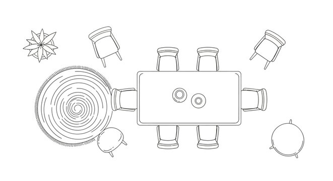 Top view illustration of a dining table with chairs and decor.
