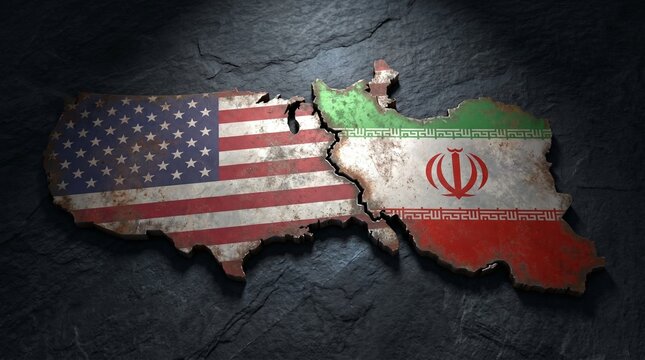 Geopolitical representation of USA and Iran maps with flags, symbolizing international tension and potential conflict.