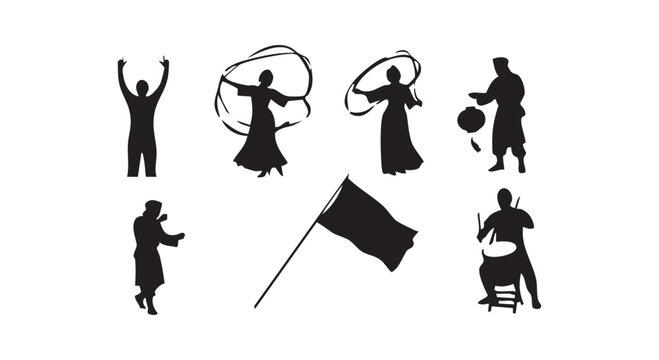 Traditional cultural performance silhouettes with dancers holding ribbons a flag bearer and musicians playing rhythmic drum.