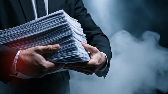 Businessman holding a large stack of paper files in a smoke filled office. Corrupt corporate official carrying heavy documents. Fraud and bureaucracy concept.