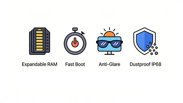 Scalable memory, fast boot, anti glare, and IP68 icon represent the hardware advantages of digital devices, suitable for promoting on mobile phones and laptops.

