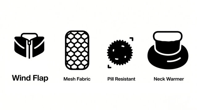 Windproof barrier, mesh fabric, anti pilling and scarf icon, representing practical functions of outdoor clothing, suitable for promoting jackets and sportswear.
