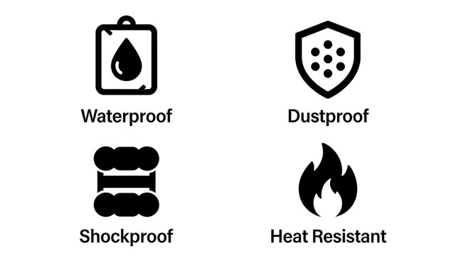 Waterproof, dustproof, shock resistant, and heat-resistant icons, electronic product protection performance, suitable for promoting three proof mobile phones and outdoor devices.
