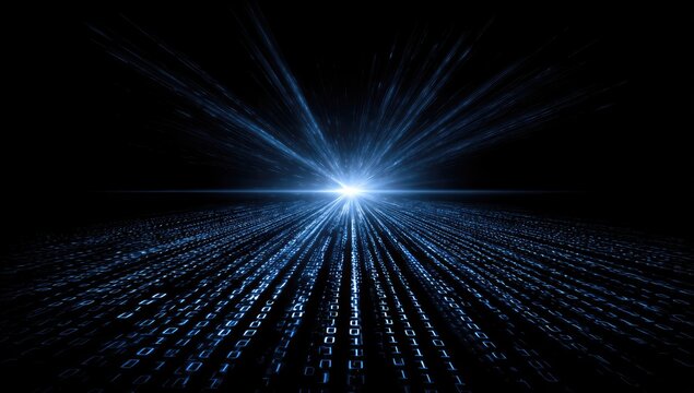 A bright blue light explodes from the center, projecting streams of binary code