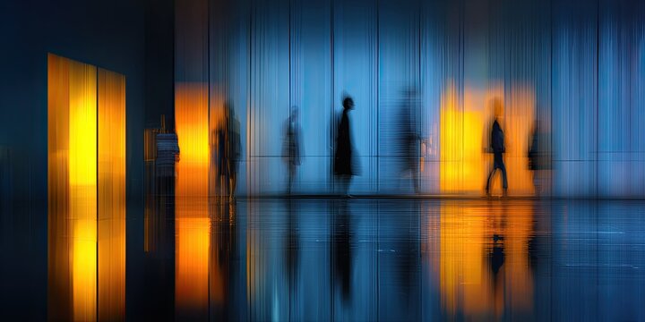 Blurred figures walk through a modern space with warm, cool lighting and reflections