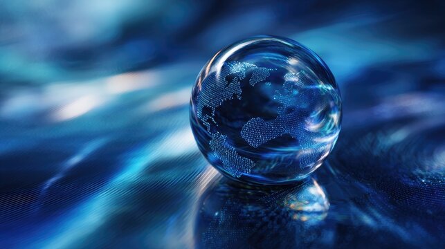 Crystal sphere on blue abstract watery background, with faint continents