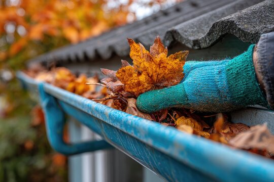 Hand in glove clearing autumn leaves from a rain gutter