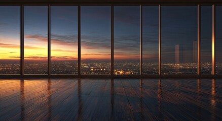 Fototapeta premium Expansive cityscape view from a high-rise office at sunset, reflecting on wooden floor