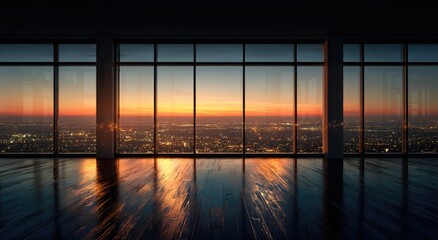 Fototapeta premium Spacious room with vast windows overlooking a city at sunset