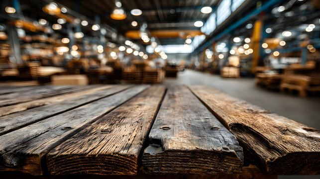 Weathered Wood Table Plank Surface with Defocused Factory and Logistics Center Interior