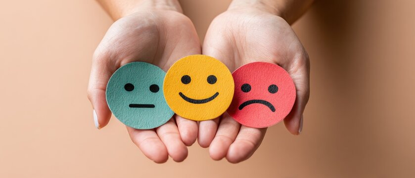 Hands hold three emotion faces neutral, happy, and sad