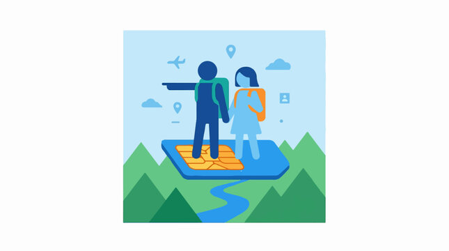 Travelers standing on mobile sim card over mountain landscape