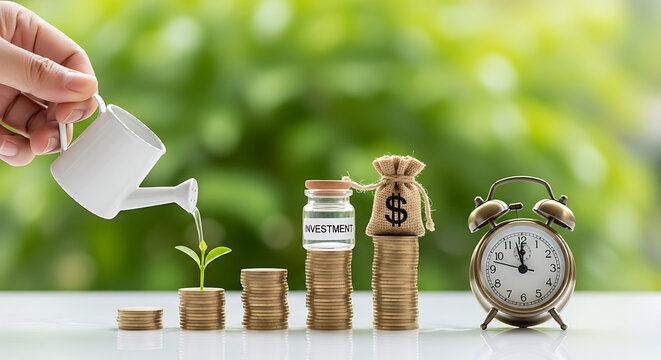 Investment Growth Concept Watering Money Coins Alarm Clock