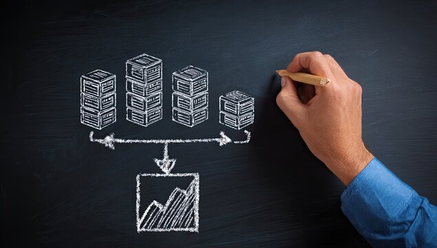 Chalk drawing shows stacked blocks flowing into a data chart