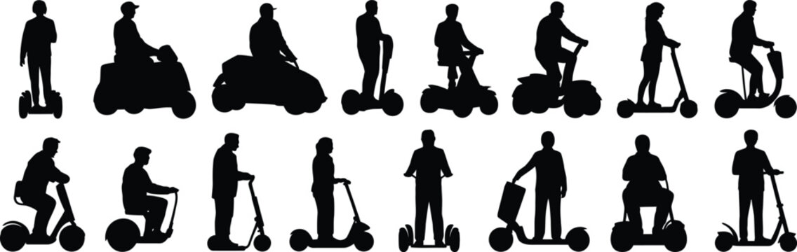 Silhouettes of Diverse Personal Electric Vehicles and Riders, Comparing Modern Micromobility Designs, Postures, Urban Commuting Styles