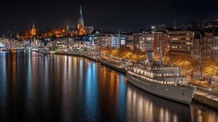 Obraz premium Elegant ship docked at illuminated city harbor at night, reflecting lights