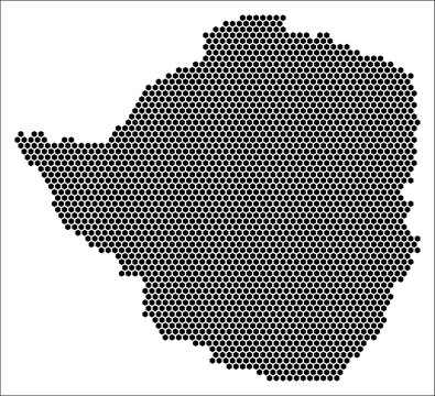 Zimbabwe hexagon map. Plain black and white dotted shape template. Country tiny hexagon cells. Zimbabwe flat honeycomb template. Vector Illustration.