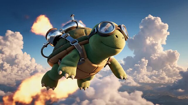 A whimsical turtle with goggles and a jetpack soars through a cloudy sky