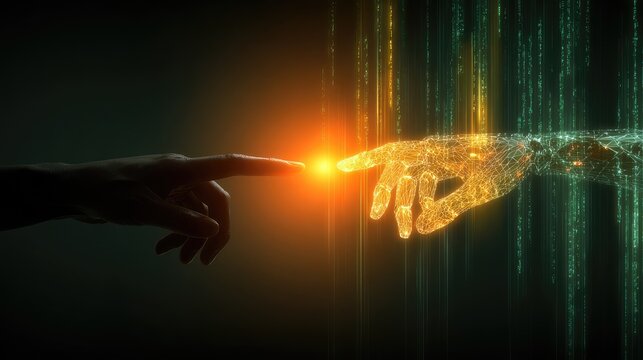 A human finger touches a glowing, digital hand, bridging worlds