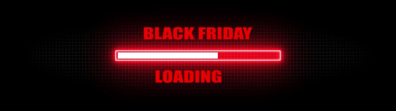 Animated black friday loading screen with progress bar, neon glow effect on dark background