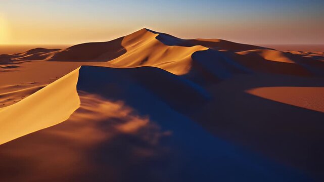 Golden sand dunes sculpted by wind under a soft gradient sky at sunset