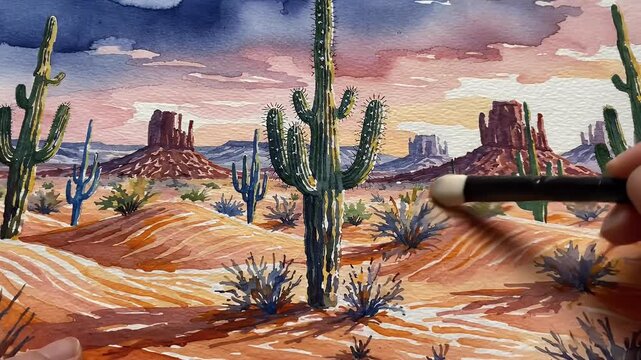 A hand paints a desert landscape with saguaro cacti under a colorful sky