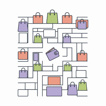 Cost of living crisis and doom spending concept with shopping bags and wallet