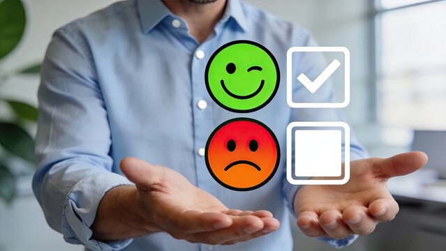 Customer satisfaction survey concept with green smile and red frown faces, feedback rating, user experience evaluation, service quality check, positive and negative emotion