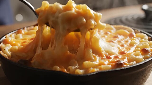 Delicious Baked Macaroni and Cheese Being Served from a Skillet.