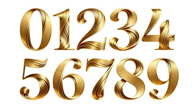 3D rendered golden textured numbers 0-9, metallic art font isolated on white background