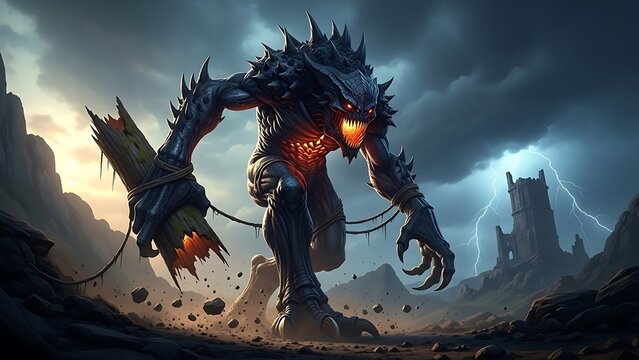 Fierce Monster Emerging from Stormy Landscape.