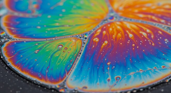 Iridescent thin‑film interference pattern with vivid colors, soap film surface and optical spectrum display