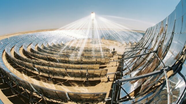 Concentrated solar thermal power plant in a desert landscape with heliostats reflecting intense sunlight towards a central receiver tower to generate clean renewable electricity.