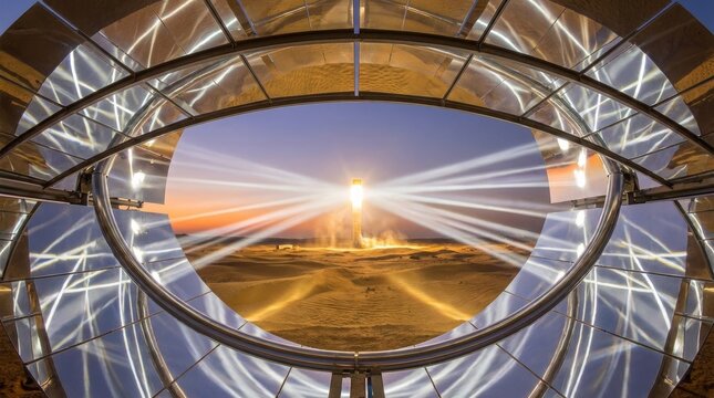 Concentrated solar power tower glows brightly in the desert, framed by mirrors reflecting sunbeams at sunset. Futuristic renewable energy concept with heliostat technology and sand dunes.