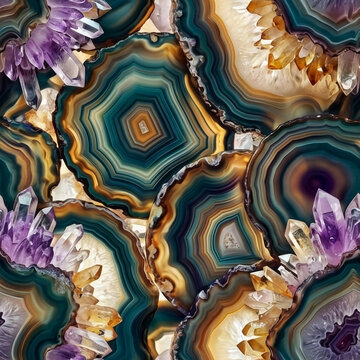 Natural green and blue agate slice seamless pattern with crystal geode textures