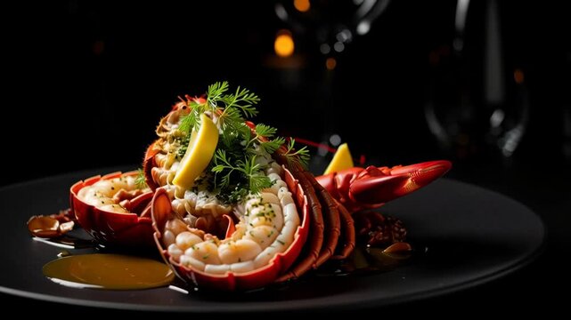 Lobster on a black plate restaurant.