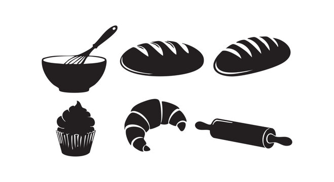 Bakery icons set featuring bread loaf croissant cupcake rolling pin whisk and bowl as black silhouettes on white background.