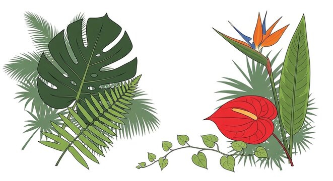 Tropical Monstera Leaf and Bird of Paradise Plant Isolated on White Background