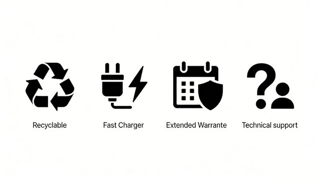Recycling logo, fast charging plug, extended warranty calendar and customer service icon, environmental protection concept and after-sales guarantee, electronic product service instructions.
