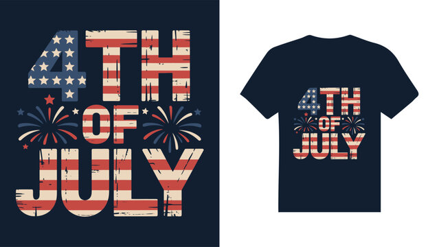 4th of july t-shirt design with american flag and fireworks