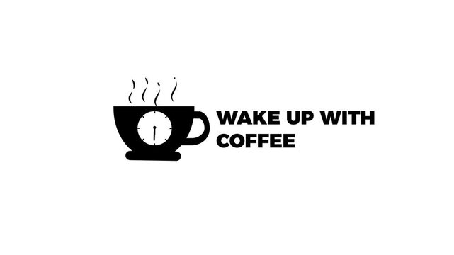 Wake Up With Coffee Animated Logo &mdash; Clock Inside Steaming Cup, Black & White, Loop Ready