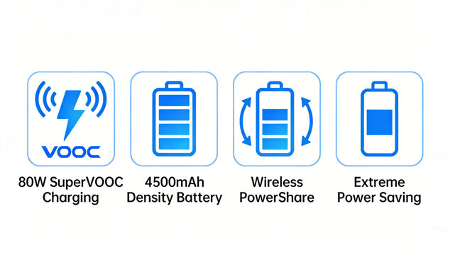 VOOC flash charging, high-density battery, wireless reverse charging, and power-saving icons represent strong battery life and are suitable for flagship phones and power bank products.
