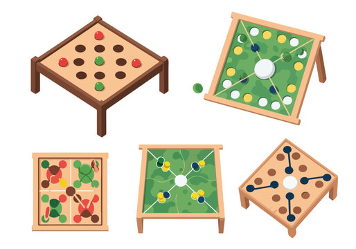 Collection of various colorful tabletop games with wooden boards and game pieces