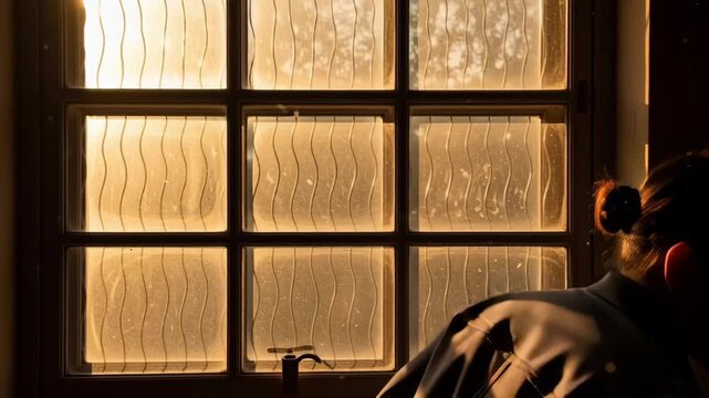 Silhouette of man looking through window.