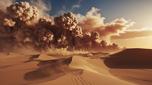 Erupting volcano spews ash clouds over desert landscape at sunset